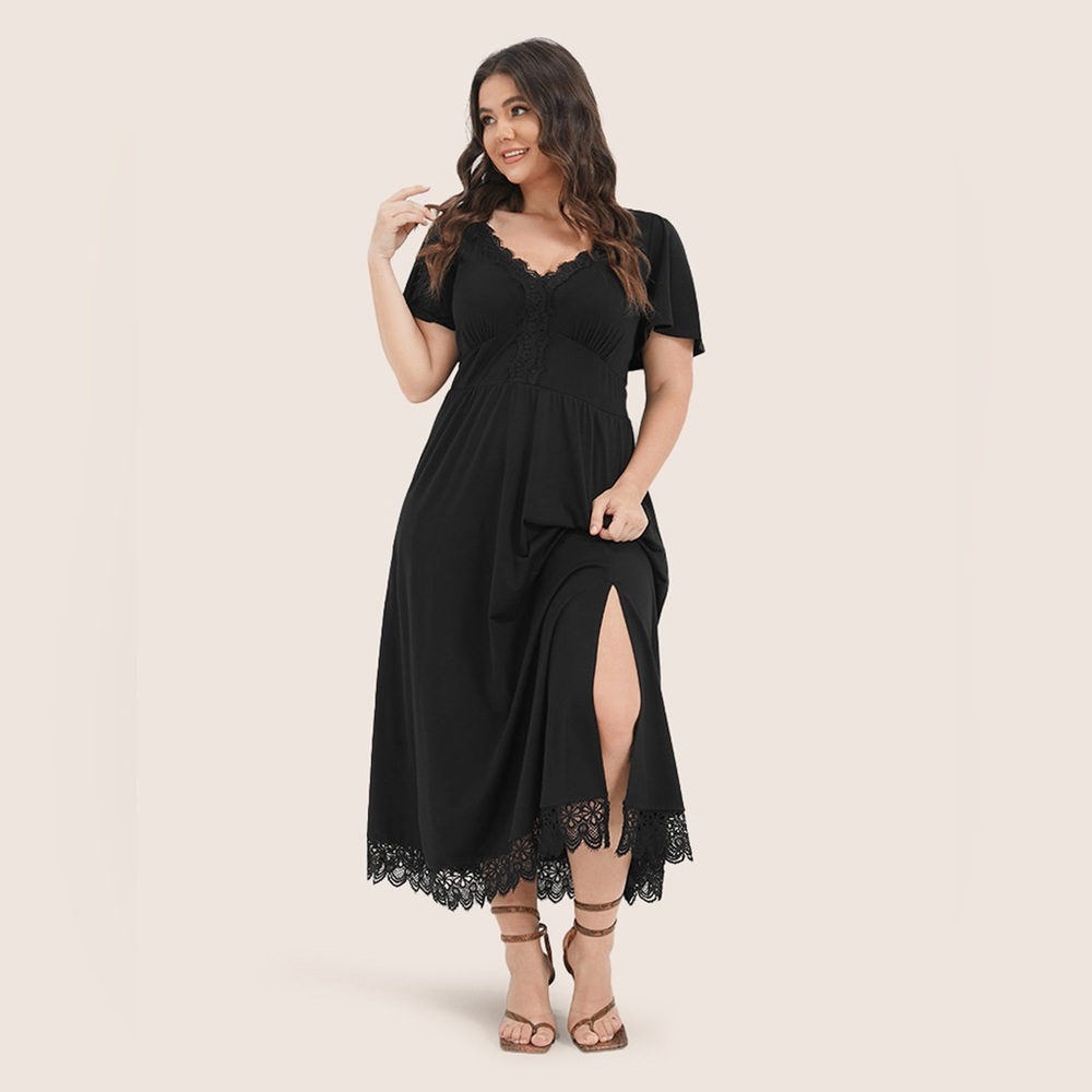 Bloomchic Solid Black Pocket Lace Split Maxi Dres… - image 1
